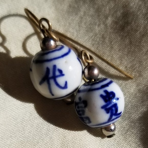 Hand-Painted Glass Bead Dangle Earrings - Picture 1 of 3